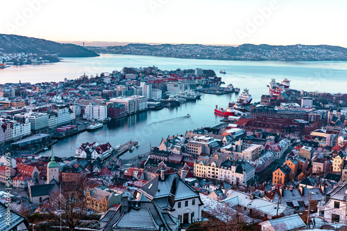 Bergen view from path to Mount Floyen at winter time.  Bergen, Norway, UNESCO World Heritage Site.