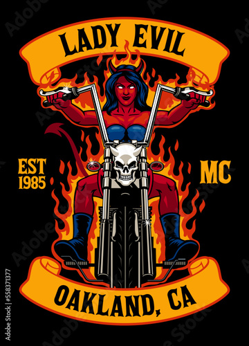 Vintage T-shirt Design of Lady Evil Mascot Biker