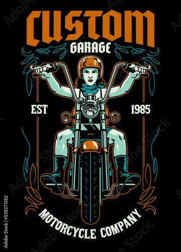 Vintage T-shirt Design of Woman Biker Pinstripe of Motorcycle Club
