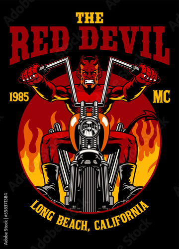 Vintage T-shirt Design of Red Devil Riding Chopper Motorcycle