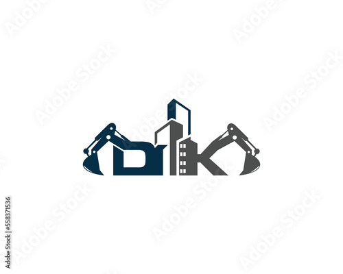 Letter DK Building With Excavator Logo Design Concept. Creative Excavators  Construction Machinery Special Equipment Vector Illustration.