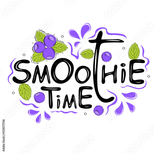 Smoothie time text with blueberries and mint leaves. Lettering logo on white background. Detox Diet Concept. Healthy Nutrition. Vector illustration
