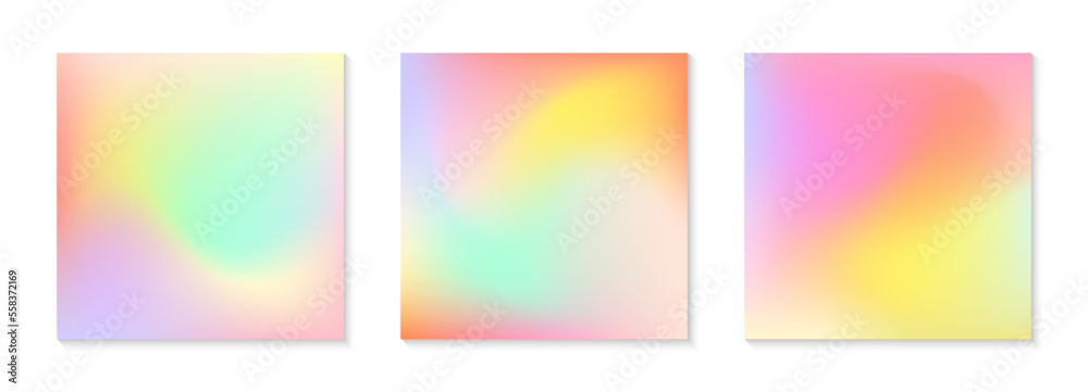 Vector set of mesh gradient backgrounds in bright colors.California sunset mood.Abstract fluid illustrations in y2k aesthetic.Modern templates for banners,branding design,social media,covers.