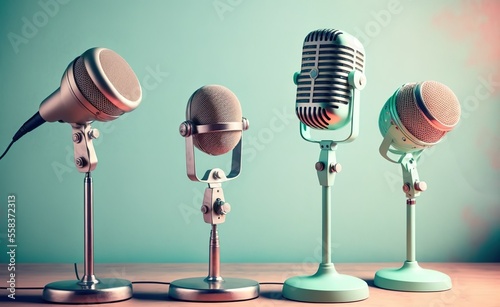 Four Retro Microphones On Wooden Table WIth Blue Wall In Background Generative AI