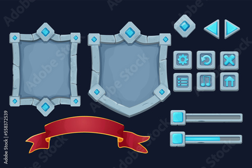Set stone shield, frame with gemstones, award ribbon game victory board menu and setting icons in cartoon style isolated on background. Magic royal asset, template.