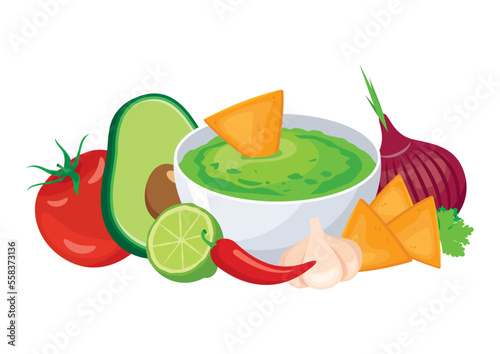Avocado guacamole salsa with tortilla chips icon vector. Traditional mexican sauce with corn nachos design element isolated on a white background. Bowl of green guacamole with ingredients drawing