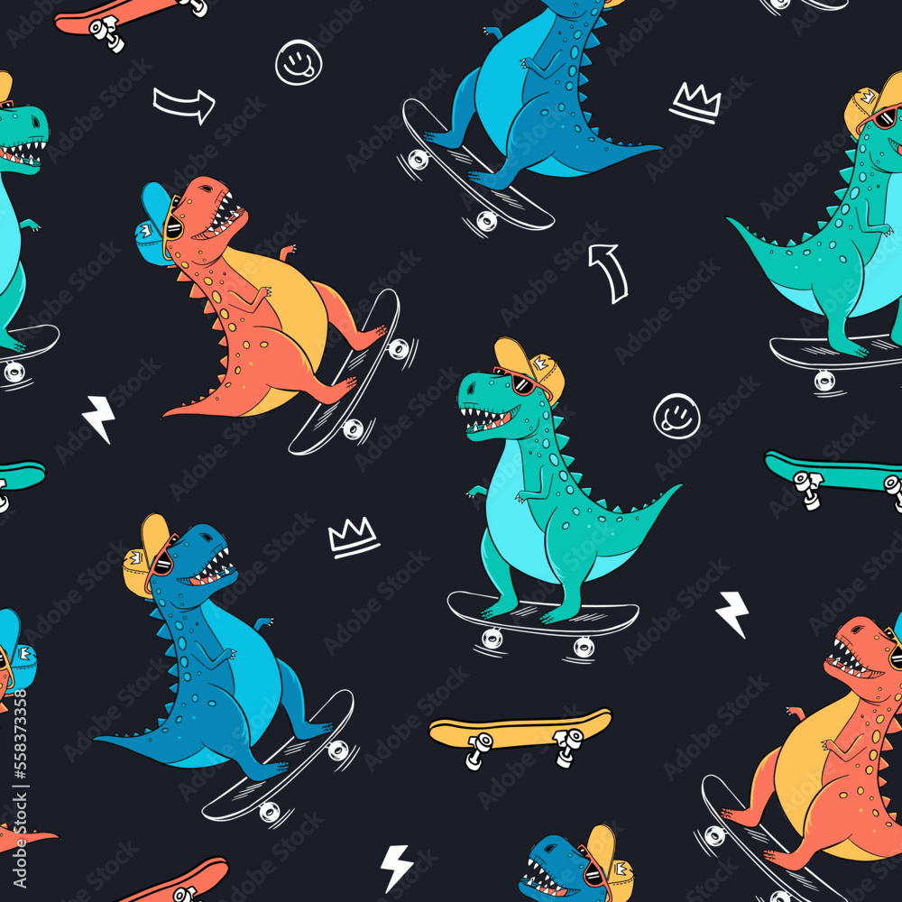 Skater Dinosaurs Seamless Pattern. Cartoon Dinosaurs Kids Seamless Repeat Design. Hand Drawn Skateboarding Vector Seamless Pattern