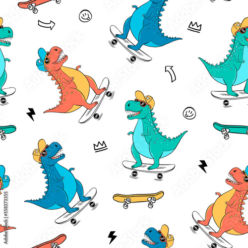 Fototapeta Naklejka Na Ścianę i Meble -  Skater Dinosaurs Seamless Pattern. Cartoon Dinosaurs Kids Seamless Repeat Design. Hand Drawn Skateboarding Vector Seamless Pattern