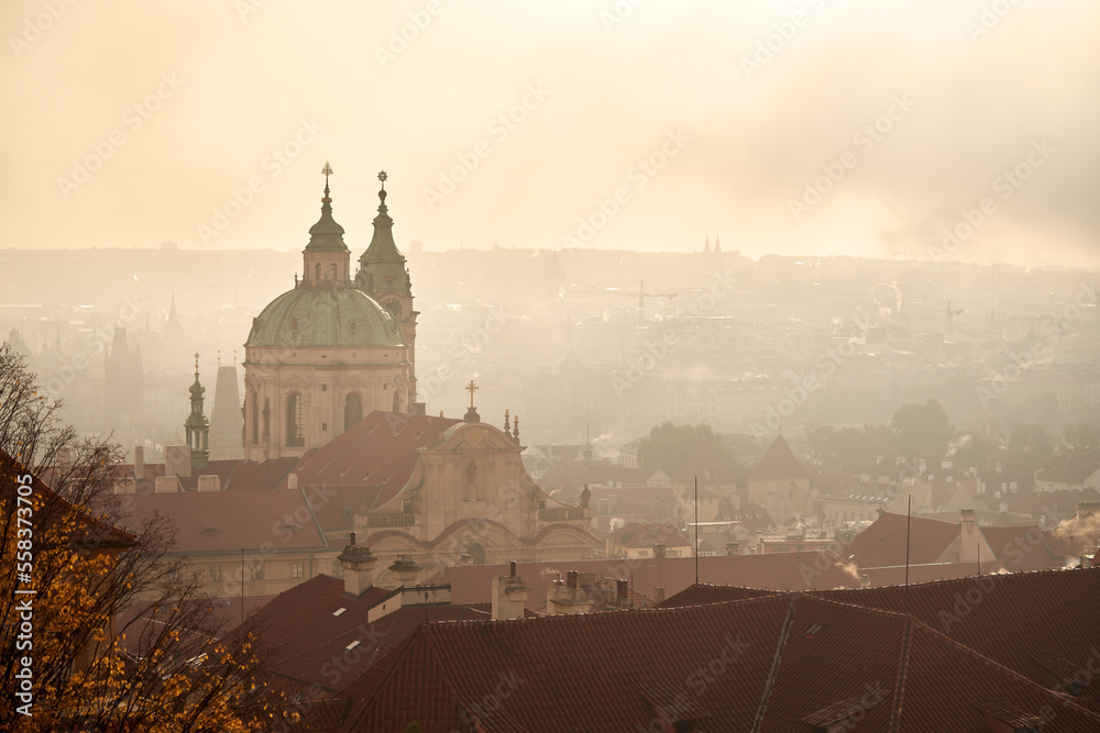 Panorama of Mala Strana in Prague, Czechia, on an autumn morning