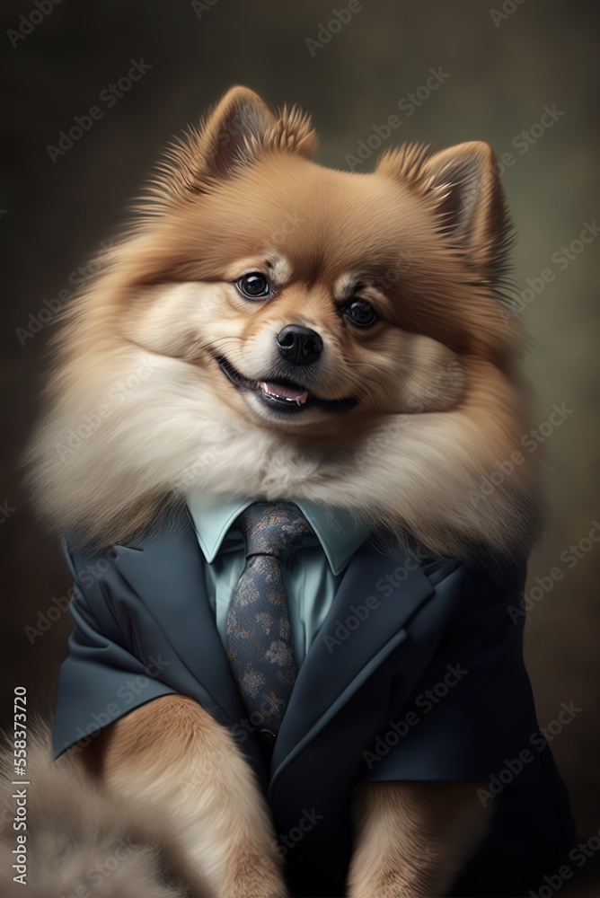 Portrait of a dog in a business suit. Pet portrait in clothing. German Spitz. Generative AI.