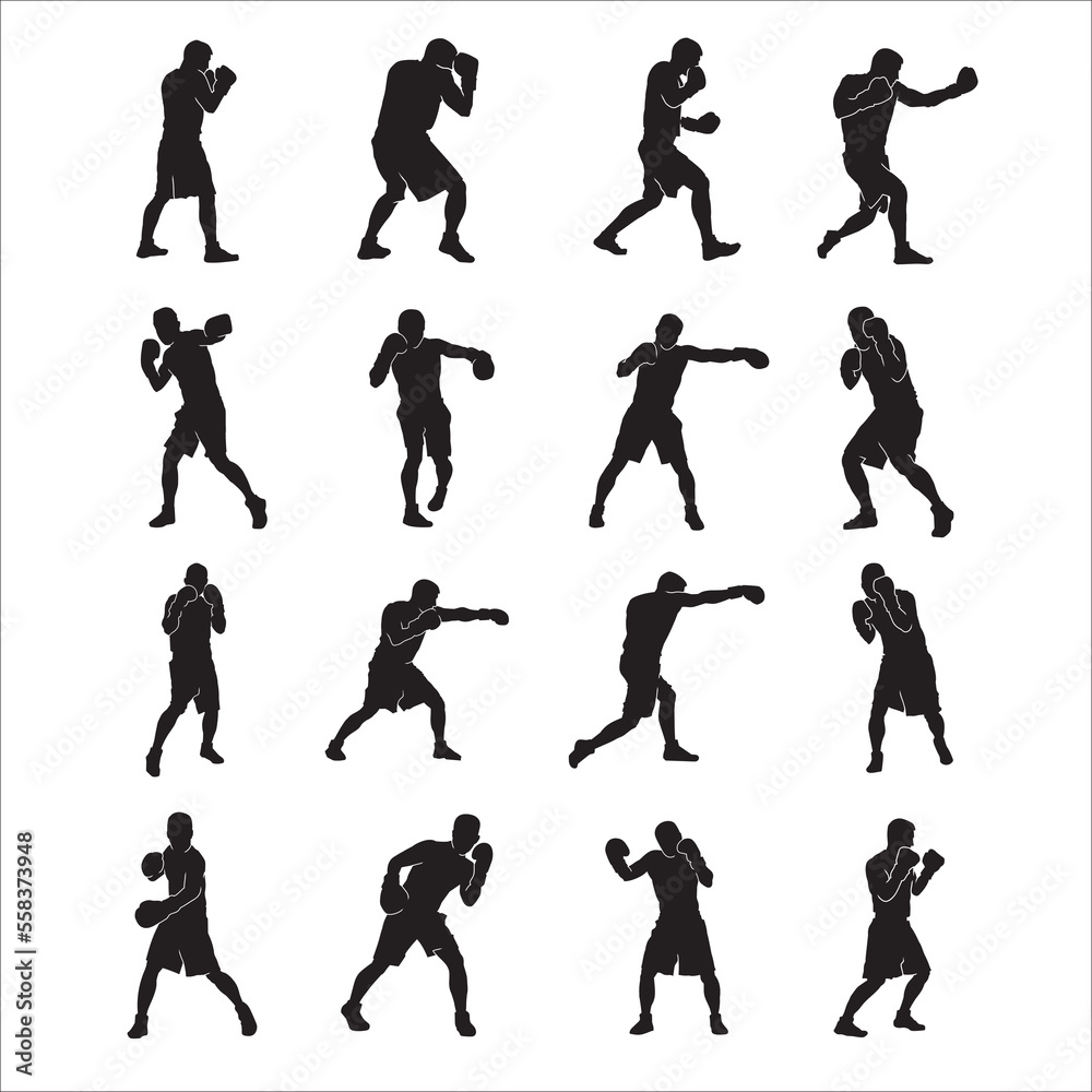 Silhouette of male boxing player set in isolate on a white background. Vector illustration.
