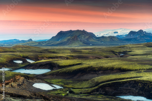 Landscape of volcanic mountain hill in remote wilderness on lava field in the sunset at Highlands of Iceland
