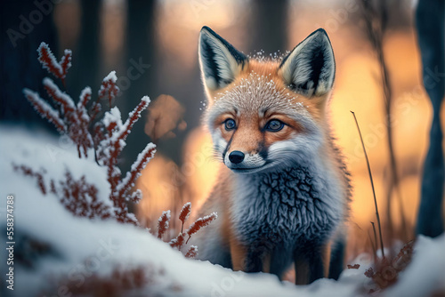 Red Fox - vulpes vulpes, close-up portrait with bokeh in the background.  Digital art	
 photo