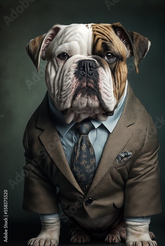 Portrait of a dog in a business suit. Pet portrait in clothing. Bulldog . Generative AI.