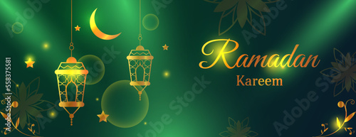 golden ramadan kareem banner with lantern, moon and flower on green background