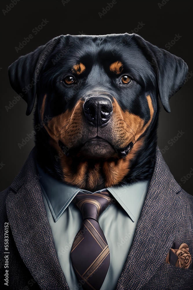 Portrait of a dog in a business suit. Pet portrait in clothing. Rottweiler. Generative AI. Portrait of a dog in a business suit. Pet portrait in clothing. Rottweiler. Generative AI.