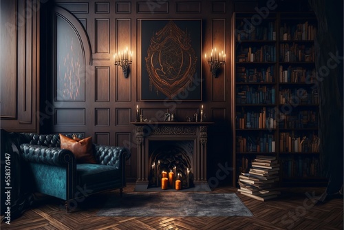 Fototapete Medieval style fantasy home living room interior with wooden flooring next to fi