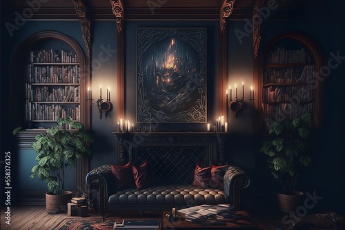 Medieval style fantasy home living room interior in old mansion