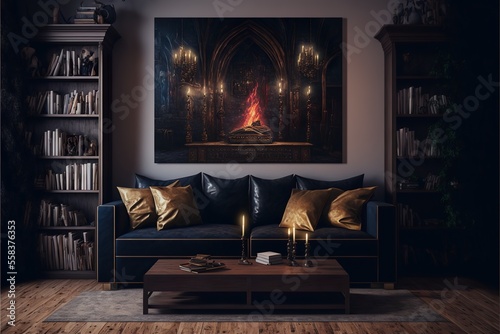 Medieval style fantasy home living room interior with huge sofa and palace picture