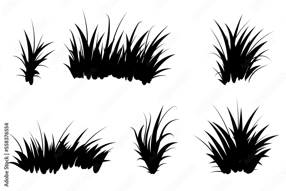 Set of black grass. Grass bushes of different shapes. Hand drawn grass