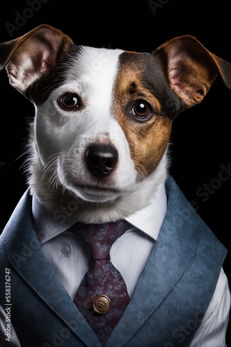 Portrait of a dog in a business suit. Pet portrait in clothing. Jack Russell Terrier. Generative AI.