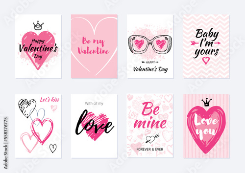 Valentine s day card design set. Poster with heart, sunglasses, quote. Vector illustration for greeting gift tag, t shirt print. Trendy hand drawn doodle style, cool flyer template for sale, wedding
