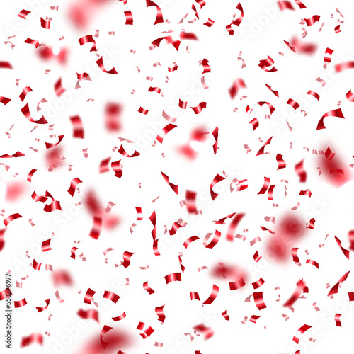 Falling bright red confetti and pieces of serpentine. Festive curly shiny and blurred paper streamers. Party, festival, holiday decoration realistic vector illustration