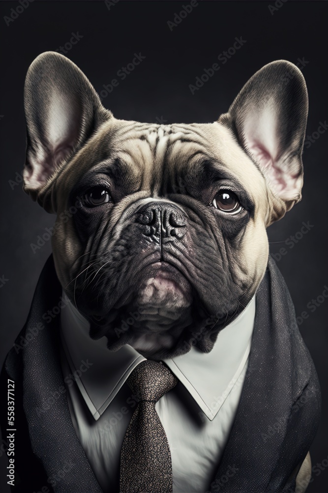 Portrait of a dog in a business suit. Pet portrait in clothing. Bulldog. Generative AI.