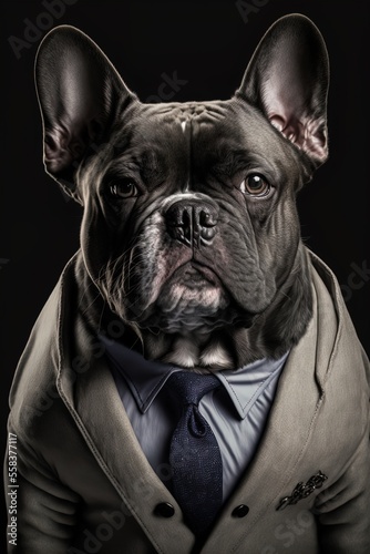 Portrait of a dog in a business suit. Pet portrait in clothing. Bulldog. Generative AI. © ART IS AN EXPLOSION.