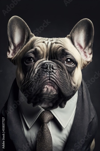 Portrait of a dog in a business suit. Pet portrait in clothing. Bulldog. Generative AI. © ART IS AN EXPLOSION.
