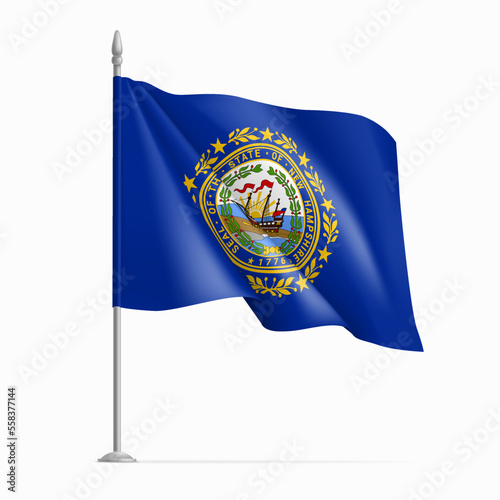 Waving flag of New Hampshire on flagpole, USA federal state. Official blue wavy flag of New Hampshire state, symbol of patriotism realistic vector illustration