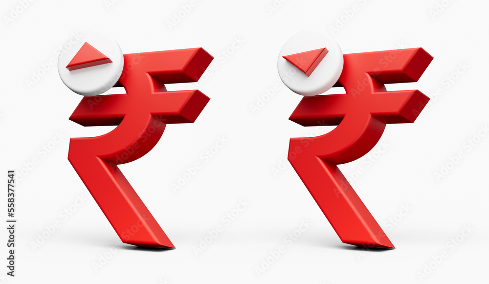 Set of Indian Rupee symbol increase and decrease icon. Money 3d illustration isolated on background . Set of Indian Rupee symbol increase and decrease icon. Money 3d illustration isolated on background .