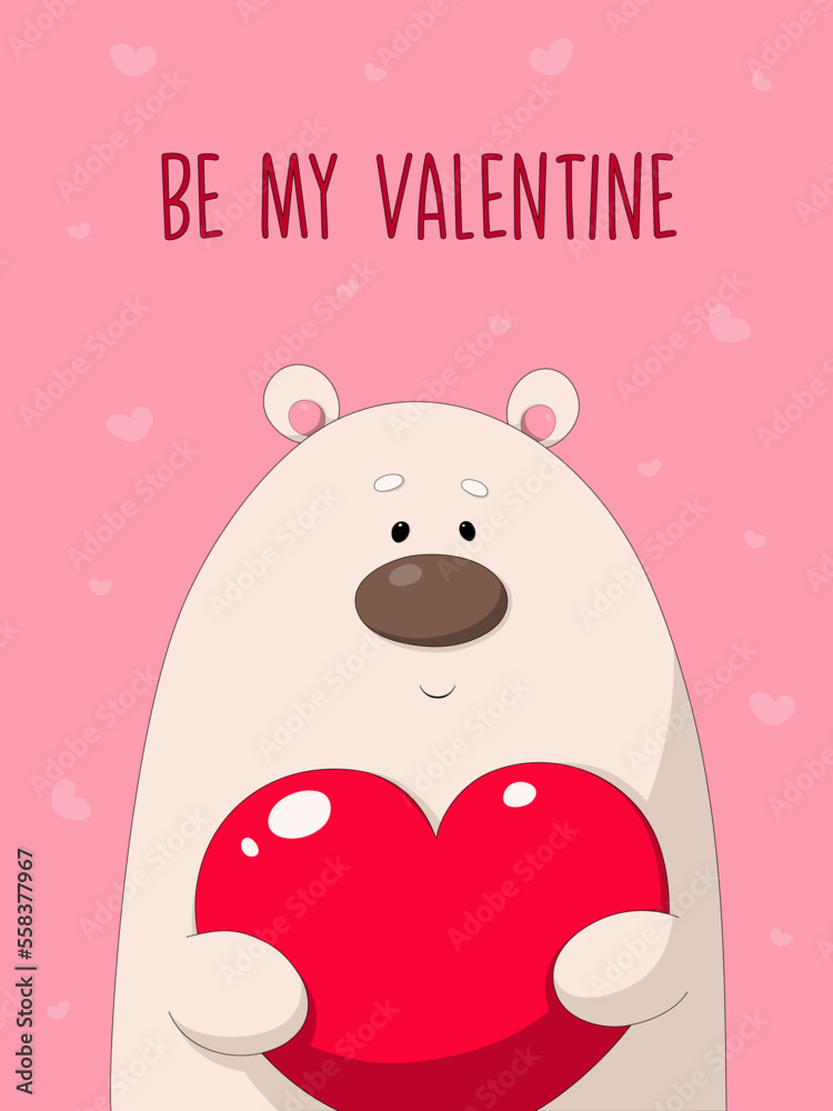 Be my Valentine greeting card with Bear holding a heart on pink background, flat vector illustration in cartoon design Be my Valentine greeting card with Bear holding a heart on pink background, flat vector illustration in cartoon design