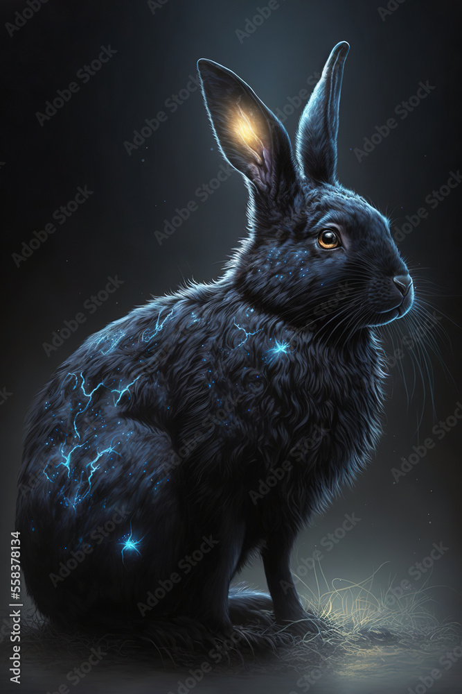 magical beautiful black rabbit, dark fantasy, symbol 2023, art