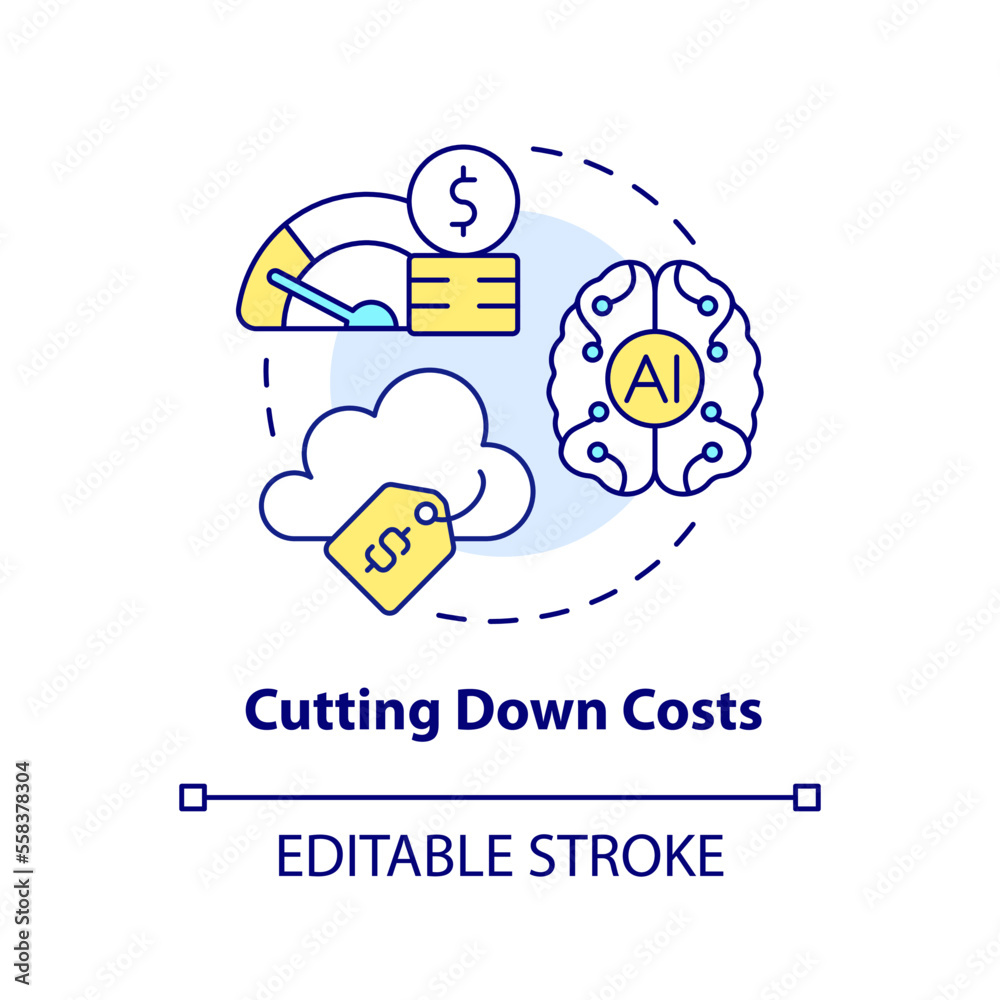 Cutting down costs concept icon. Save money. AI in cloud computing pros abstract idea thin line illustration. Isolated outline drawing. Editable stroke. Arial, Myriad Pro-Bold fonts used Cutting down costs concept icon. Save money. AI in cloud computing pros abstract idea thin line illustration. Isolated outline drawing. Editable stroke. Arial, Myriad Pro-Bold fonts used
