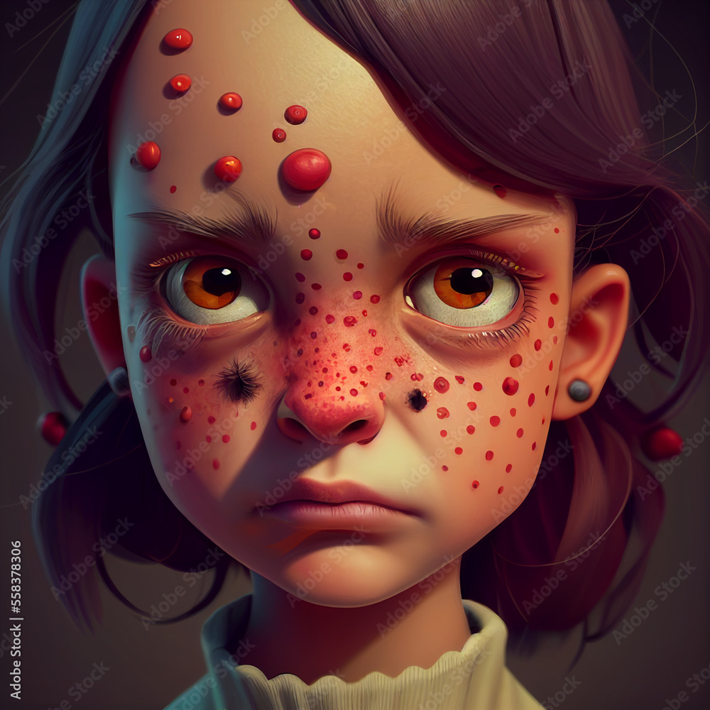 Cartoon girl with pimples on her face or traces of smallpox..