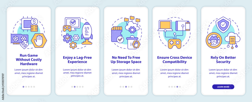 Developments in cloud gaming onboarding mobile app screen. AR, VR walkthrough 5 steps editable graphic instructions with linear concepts. UI, UX, GUI template. Myriad Pro-Bold, Regular fonts used