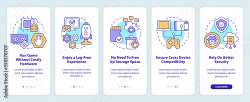 Developments in cloud gaming onboarding mobile app screen. AR, VR walkthrough 5 steps editable graphic instructions with linear concepts. UI, UX, GUI template. Myriad Pro-Bold, Regular fonts used