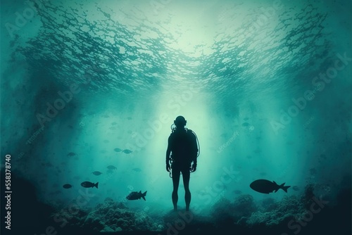 deap sea background  underwater   empty calm ocean  diver s Silhouette  ai generated
