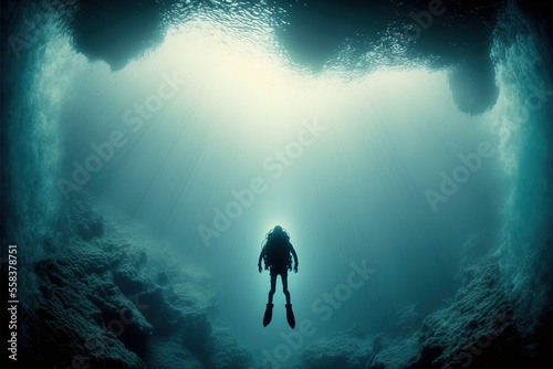 deap sea background, underwater , empty calm ocean, diver's Silhouette, ai generated