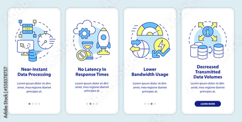 Cloud and edge tech combination benefits onboarding mobile app screen. Walkthrough 4 steps editable graphic instructions with linear concepts. UI, UX, GUI template. Myriad Pro-Bold, Regular fonts used