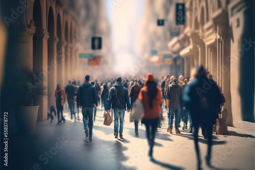 people walking in the street in the city, blurry,, ai generated