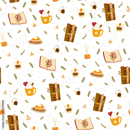 Cozy reading book with candle and tea pattern on white background, time for hygge wallpaper