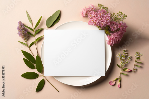 ai generated, Blank greeting card, invitation mockup, flowers, Floral pink plate