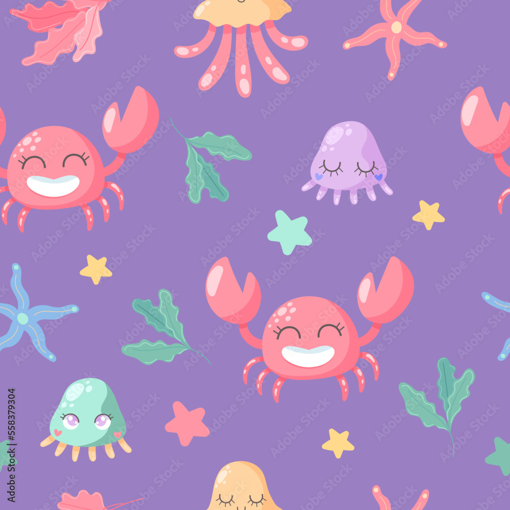 Hand drawn Seamless pattern with cute crabs, starfishes and seaweed. Vector image for kids digital textile fabric paper