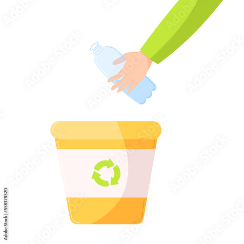 a hand putting a pplastic bottle litter in a yellow recycling trash can. the concept of a sorting and recycling wastes