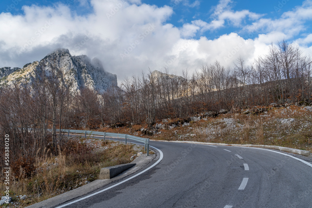 Fototapeta premium Different angles of road to Theth National Park Albania, beautiful albanian alps mountains and small town with nice peoples