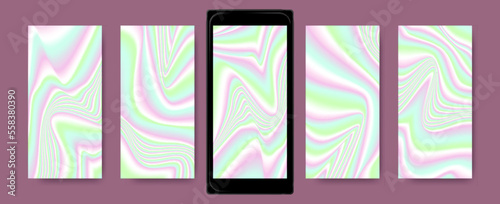 Multicolor Holographic Background. Abstract Vibrant Templates for Mobile. Mesh Wave Textures. Holography Wallpapers. Neon Fluid Screensaver. Bright Gradient Liquids. Vector Hologram Set. © ingara