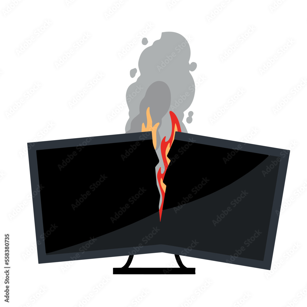 Fire Flat television. Burning Broken Modern TV. Repair and warranty of