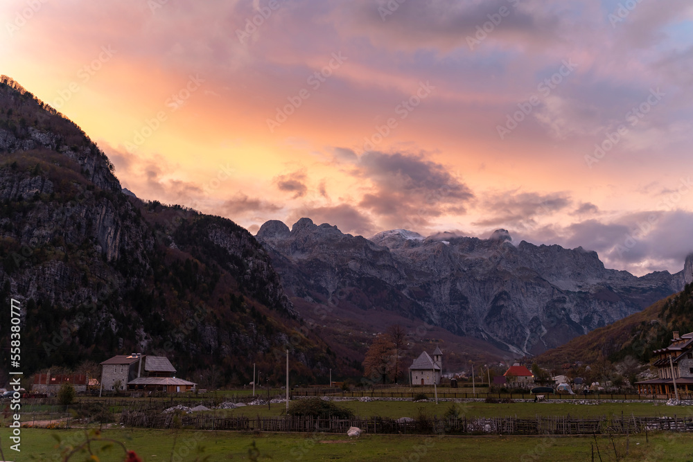 different angles of Theth National Park Albania, beautiful albanian alps mountains and small town of christian people and their chapel in there